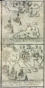 Francisco Pizarros ankomst med 180 mand og tre skibe til Tumbes af Spanish School
