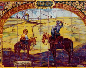 Fliser, der forestiller Don Quixote og Sancho Panza, der forbereder sig på at angribe vindmøllerne (keramik) af Spanish School