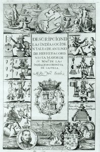 Titelside på Beskrivelse af Vestindien af ​​Antonio de Herrera y Tordesillas, Madrid-udgaven, 1725 af Spanish School