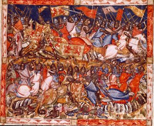 Trojansk krig: Hectors bedrifter. Detalje af en miniature fra det spanske manuskript "Codex Benito de Santa Mora"" af Spanish School