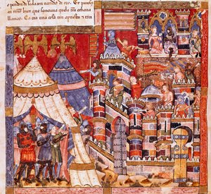 Trojanske krig: byen Troja og den græske lejr. Detalje af en miniature fra det spanske manuskript "Codex Benito de Santa Mora"" af Spanish School