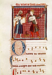 Two musicians, one Moorish and the other is Spanish Christian Detail of one page taken from a manuscript of the Song of Saint Marydani af Spanish School