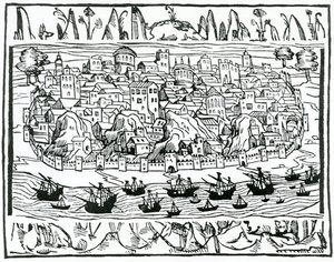 Udsigt over Lissabon fra Libro de Grandezas y cosas Memoralder de Espana af Pedro Medina, 1548 af Spanish School