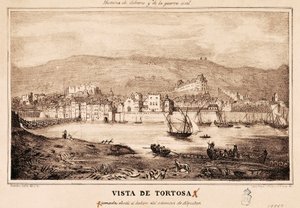 Udsigt over byen Tortosa i Spanien, i "History of Cabrera and the Civil War" af Damaso Calbo og Rochina de Castro af Spanish School