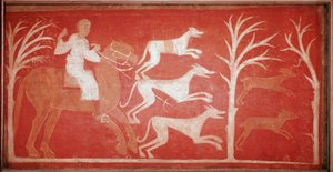 jagtscene, der forestiller hunde, der løber efter spillet. 1150. Kalkmaleri fra eremitagen Baudelio de Berlanga, Soria. Bevares på Prado-museet. af Spanish School
