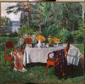 Foran terrassen. Maleri af Stanislav Yulianovich Zhukovsky (Zhukovsky) (1873-1944), olie på lærred af Stanislav Joulianovitch Joukovski