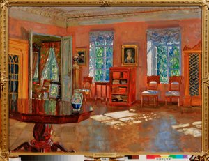Interiør af biblioteket i et palæ. Maleri af Stanislav Yulianovich Joukovski (Zhukovsky) (1873-1944), olie på lærred, omkring 1910. Russisk kunst, 20. århundrede, modernisme. Statens Kunstmuseum for Republikken Tatarstan, Kazan (Rusland).