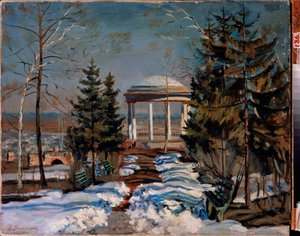 Landskab med en kiosk. Maleri af Stanislav Yulianovich Zhukovsky (Zhukovsky) (1873-1944), olie på lærred