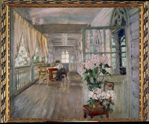 Terrasse på et palæ. Maleri af Stanislav Yulianovich Zhukovsky (Zhukovsky) (1873-1944), olie på lærred. russisk kunst