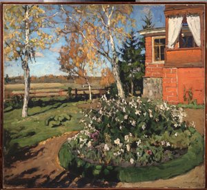Et blomsterbed. (Foran et hus og et landskab). Maleri af Stanislav Yulianovich Zhukovsky (Zhukovsky) (1873-1944), olie på lærred