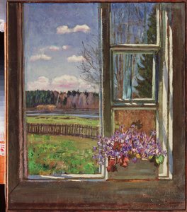 Violer foran vinduet. Maleri af Stanislav Yulianovich Zhukovsky (Zhukovsky) (1873-1944), olie på lærred 1931. Russisk kunst, 20. århundrede, moderne kunst. Statens kunstmuseum, Dnepropetrovsk (Ukraine).
