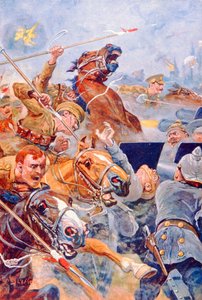 Angrebet af den 9. Lancer under tilbagetoget fra Mons (farve litho)