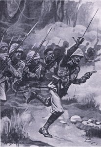 Briter angreb Ashantis ved Amoaful, 31. januar 1874, illustration fra British Battles on Land and Sea, 1915 af Stanley L. Wood