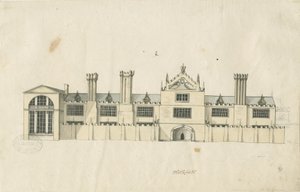Blithfield Hall: tonet pentegning og [1700-tallet] (tegning) af Stebbing Shaw