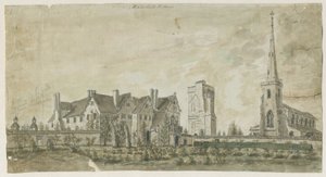 Hamstall Ridware - Kirke og Herregård: vandfarvemaleri, nd [1762-1802] af Stebbing Shaw