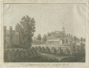 Shenstone Church and Village: akvatintegravering, 1792 af Stebbing Shaw