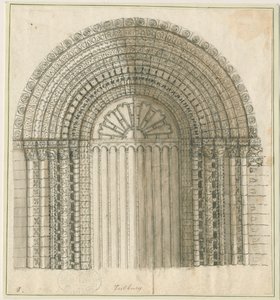 Tutbury Priory Church - Arch in West Door: pen og sepia tegning, nd [1762-1802] (tryk) af Stebbing Shaw