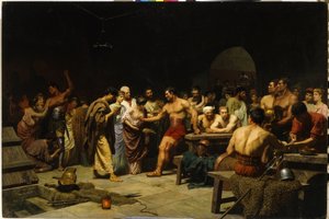Gladiatorer inden de går ind i arenaen. (Gladiatorerne før en optræden på Arena). Romerske patriciere besøger og vurderer gladiatorernes fysik før kampen, kvinder smigrer og lykønsker kæmperne. Maleri af Stepan (