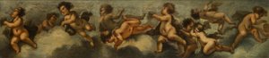 Putti disporting, c.1655-72 (papir lagt på lærred med glasbeskyttelse) af Stefano (after) Magnasco