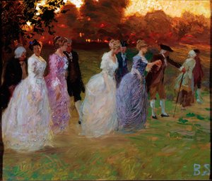 Paladsets tilbagevenden Elegante unge mennesker vender tilbage fra en verdslig begivenhed (fest eller reception) (Retur fra paladset) Maleri af Stefano Baghino (1881-1920) gener, Galleria d