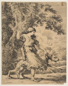 En nymfe, der holder en stor hund i halsbåndet, ca. 1654. af Stefano della Bella