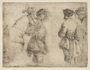 En stang, der fører en hest ved tøjlen og taler med to andre mænd, ca. 1662. af Stefano della Bella