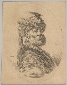 En tyrkisk mand med skæg og turban med en lang fjer foran, blev trekvart..., 1650.