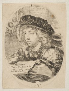 En buste af en ung mand iført en kasket med fjer, drejet tre fjerdedele til venstre, den ..., 1650. af Stefano della Bella