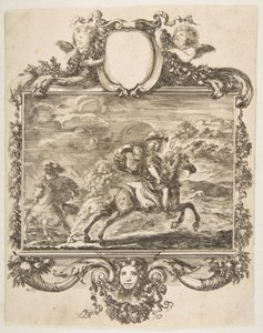 En kavaler og en dame til hest, inden for en udsmykket kant dekoreret med frugt og c..., ca. 1655. af Stefano della Bella