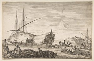 En kabys dækket af sejl til venstre, seks kanoner og fire personer til venstre i forgrunden, en ..., 1655. af Stefano della Bella