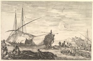 En kabys dækket af sejl til venstre, seks kanoner og fire personer til venstre i forgrunden..., ca. 1652-57. af Stefano della Bella