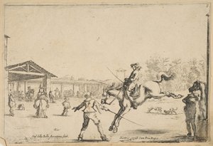 En rideskole, en rytter med sværdspring dirigeret af en anden mand med sværd i..., ca. 1645. af Stefano della Bella