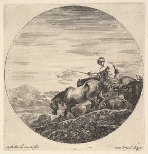 En hyrde til højre, vendt mod venstre, kører en gruppe dyr ned ad bakke, en rund komp..., ca. 1643-48. af Stefano della Bella