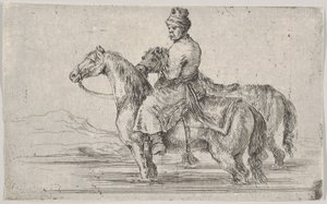 En kammertjener, der tager to heste for at bade, sidder oven på den ene hest i en flod, den anden ved siden af..., ca. 1662. af Stefano della Bella
