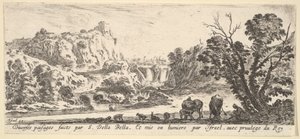 Et vandfald, der falder ned fra bjergene i midten af baggrunden, forskellige dyr og..., ca. 1641. af Stefano della Bella