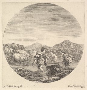 En kvinde med et barn i midten, set bagfra, en anden kvinde til højre, ansigt..., ca. 1643-48. af Stefano della Bella