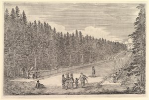 En allé med springvand, en gruppe mennesker, fra „Udsigter over villaen i Pratolino“ af Stefano della Bella
