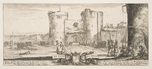En indgang til en fæstning i midten, en kvinde med barn siddende ved bål til højre, sol..., ca. 1641. af Stefano della Bella
