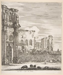 Konstantinbuen og Colosseum med får, der græsser i forgrunden, fra seks store udsigter..., 1656. af Stefano della Bella