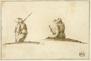 Skrivende kunstner og soldat, begge set bagfra af Stefano della Bella
