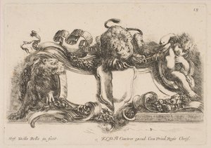 Kartouche indeholdende et tomt skjold besat af en løve og indrammet af en løve og et barn, 1646. af Stefano della Bella