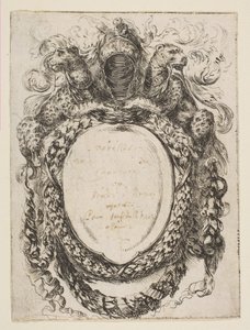 Cartouche kronet af hjelm og leoparder, 1647. af Stefano della Bella
