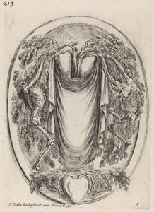 Cartouche i form af et drapere ophængt fra en cypres flankeret af skeletter, 1647. af Stefano della Bella