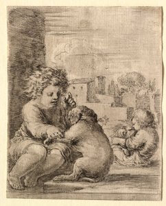 Barn lærer en hund at sidde på bagbenene af Stefano della Bella