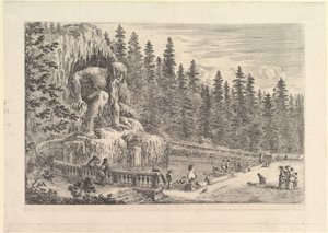 Kolossal statue af Appenino af Giambologna til venstre, repræsenteret som en kæmpe crouchi..., ca. 1653. af Stefano della Bella