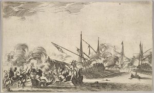 Kamp mellem flere robåde og skibe, to grupper af mænd i robåde, der kæmper til venstre..., 1639. af Stefano della Bella