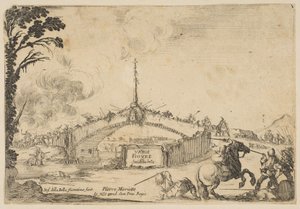 Kamp på en bro, en rytter og to fodsoldater kæmper med sværd nederst til højre..., ca. 1645. af Stefano della Bella