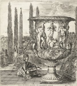 De unge Cosimo III de Medici tegnt de Medici-vaas Rom, i Medici-haverne, en enestående marmor (titel på objektet) Gezichten op Rom og omgivelser (serietitel) Six grandes vues, dont quatre de Rome et deux de la Campagne romaine (serietitel) af Stefano della Bella