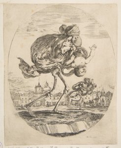 Døden bærer et spædbarn, fra De fem dødsfald Les cinq Morts, ca. 1648. af Stefano della Bella
