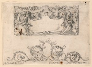 Escutcheon, Rinceaux, No. 16 fra "Samling af forskellige luner og ni opfindelser af mapper og ornamenter" af Stefano della Bella